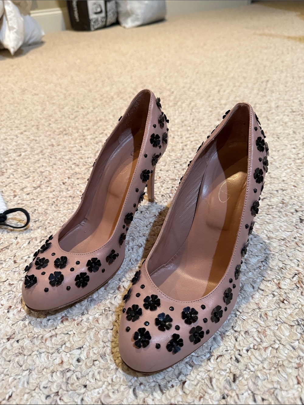 Valentino Pink Leather Pumps with Black Floral Appliqués